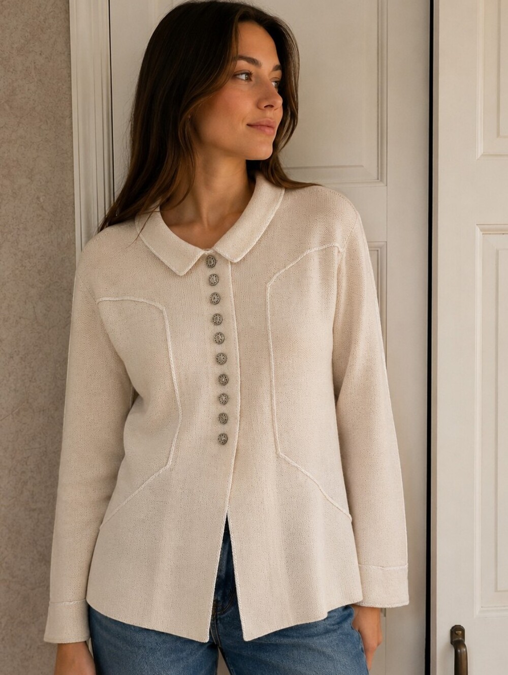 New ConditionVintage USA Wool Blend.Cream Button-Front Knit Cardigan with Collar